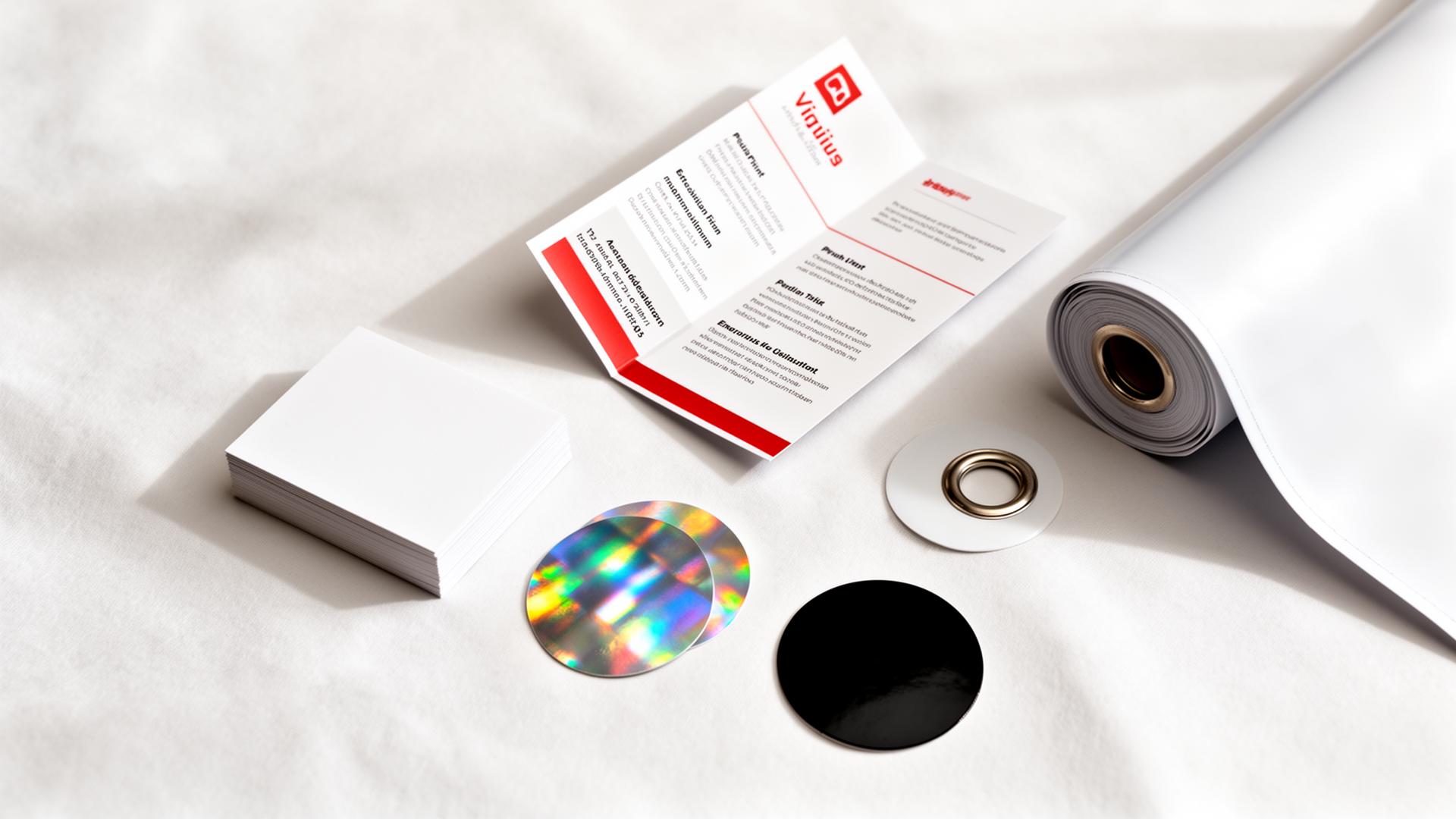 Premium print products: stickers, business cards, flyers and a banner
